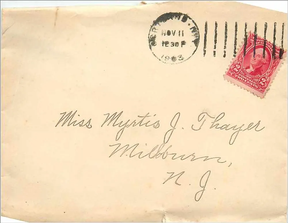 Ansichtskarte an Miss Myrtis J. Thayer in Milburn, N.J. — Briefmarke und Poststempel von Novi, Italien, 1905 - Vorderseite