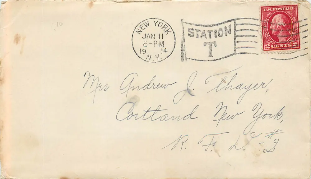 New York — Briefumschlag mit 2-Cent-Stempel und Bahnhofsstempel — Bahnhof T, N.Y. - Vorderseite