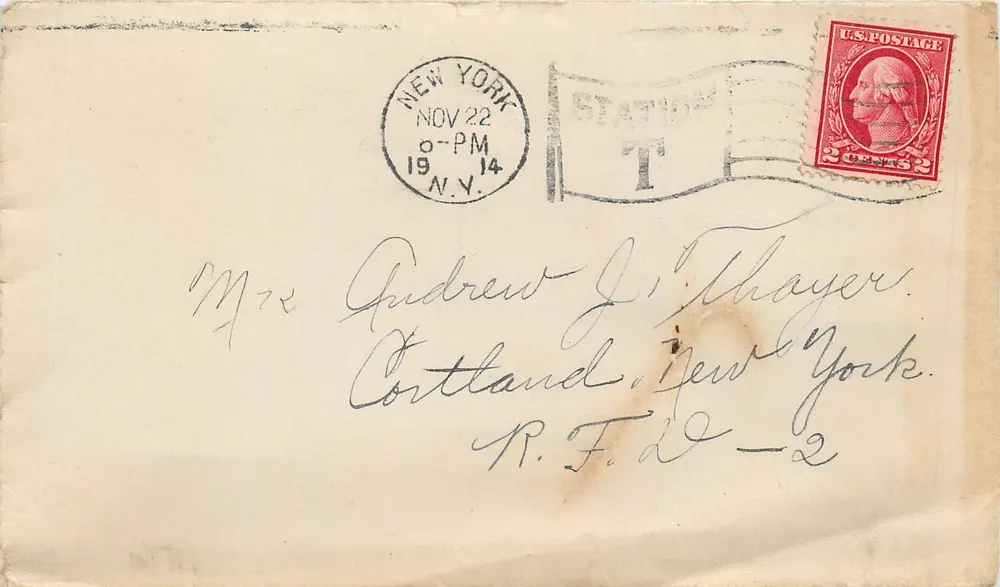 New York — Briefumschlag mit 2-Cent-Washington-Stempel — Station T, N.Y. - Vorderseite