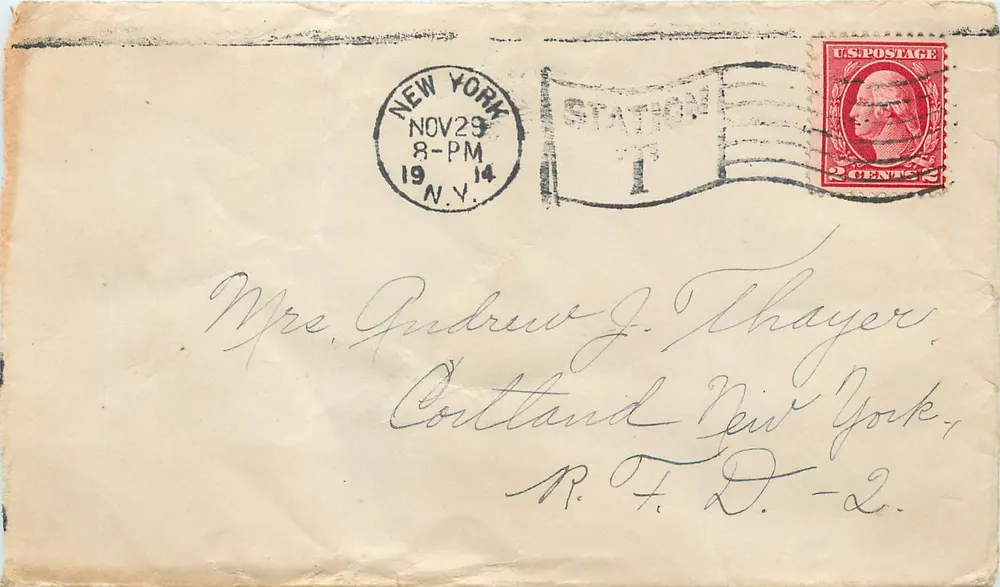 New York — Briefumschlag vom November 1914 — Station 1, New York - Vorderseite