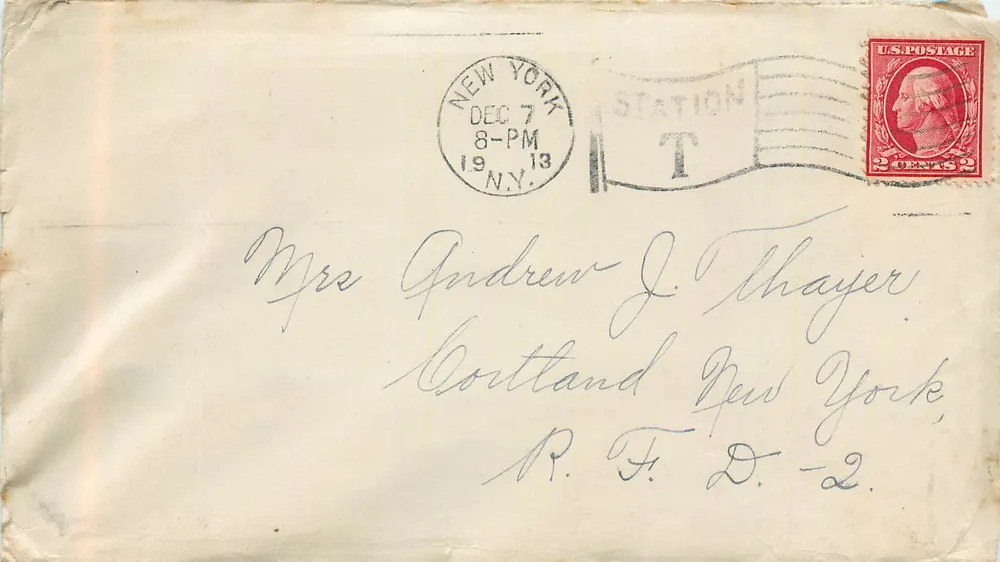 Ansichtskarte an Mrs. Andrew J. Thayer nach Cortland, New York — 2 Cent Washington-Poststempel, New York-Station-Poststempel, 7. Dezember 1913 - Vorderseite