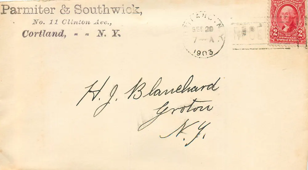 Ansichtskarte aus Cortland, N.Y. — versandt um 1903 — Verlag Parminter & Southwick, Nr. 11 Clinton Ave. - Vorderseite