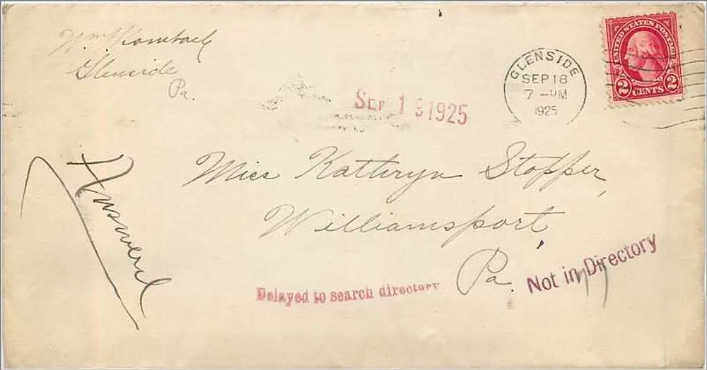 Glenside, Pennsylvania — Brief aan Miss Kathryn Stopper — Poststempel Glenside 7-18-1925 - Voorkant