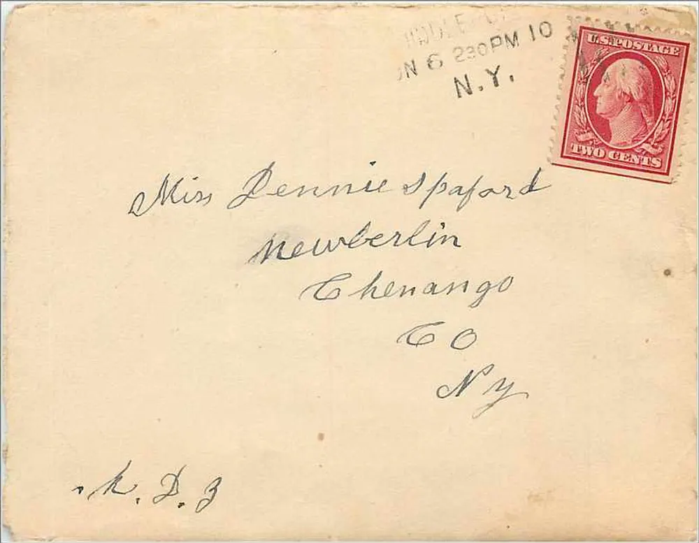 Carta postal endereçada à Miss Dennie Spaford em New Berlin, Chenango Co, N.Y. — selo de 2 centavos de Washington — carimbo de chegada New York, 1910 - Frente