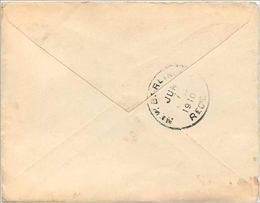 Carta postal endereçada à Miss Dennie Spaford em New Berlin, Chenango Co, N.Y. — selo de 2 centavos de Washington — carimbo de chegada New York, 1910 - Verso
