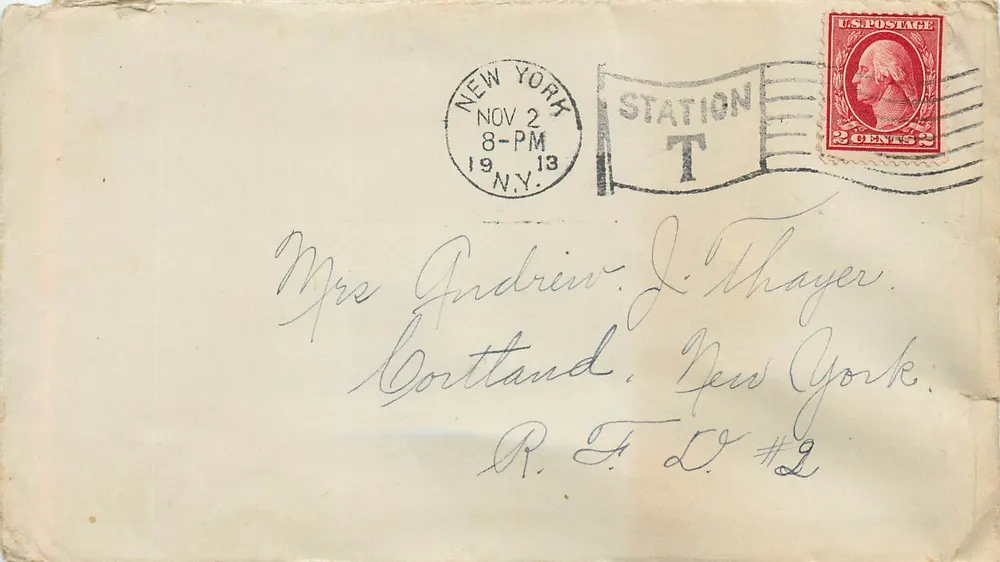 Ansichtskarte gesendet von New York — Station T — 2. November 1913 — 2-Cent-Washington-Stempel - Vorderseite
