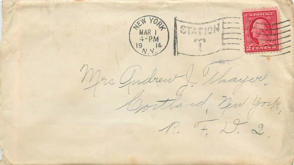 New York — Briefumschlag vom 1. März 1914 — Station T — 2 Cent - Vorderseite