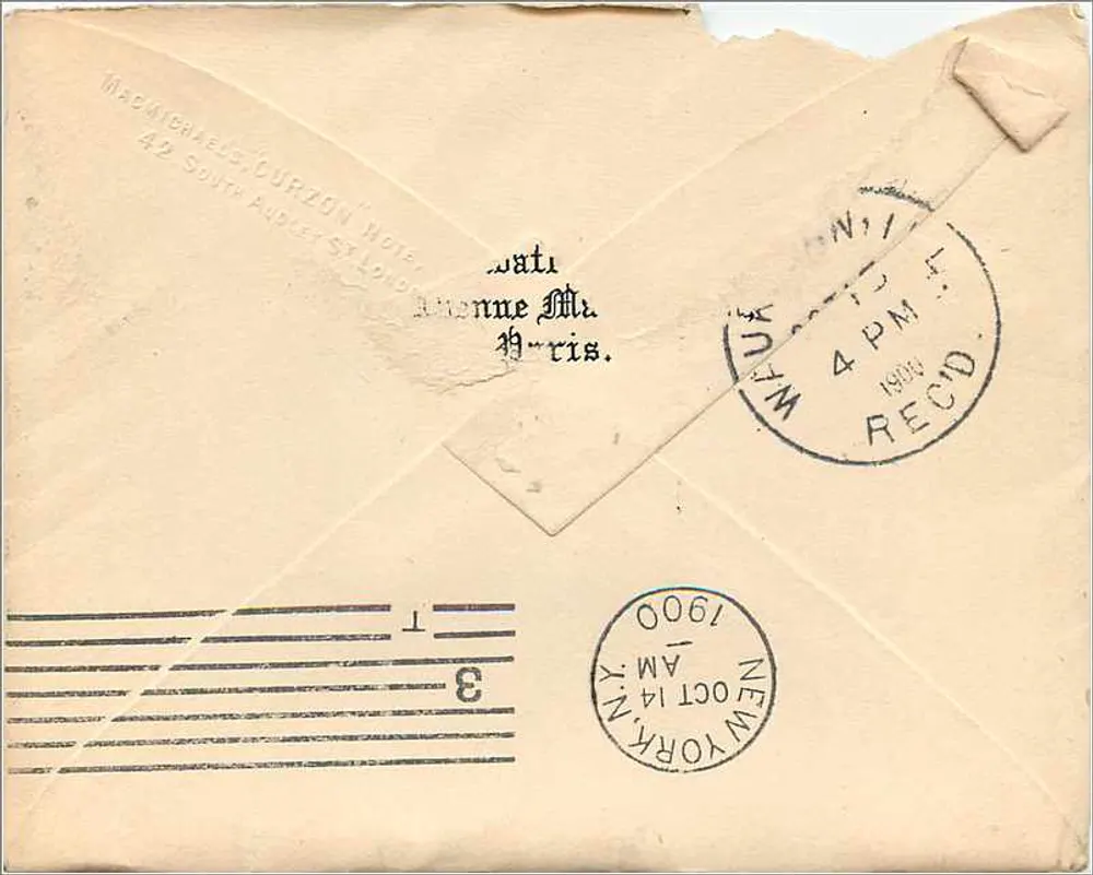 Paris — Brief an Frank Sagan, Illinois — Verlag: Marachichels, Durzon Hotel, New York - Rückseite