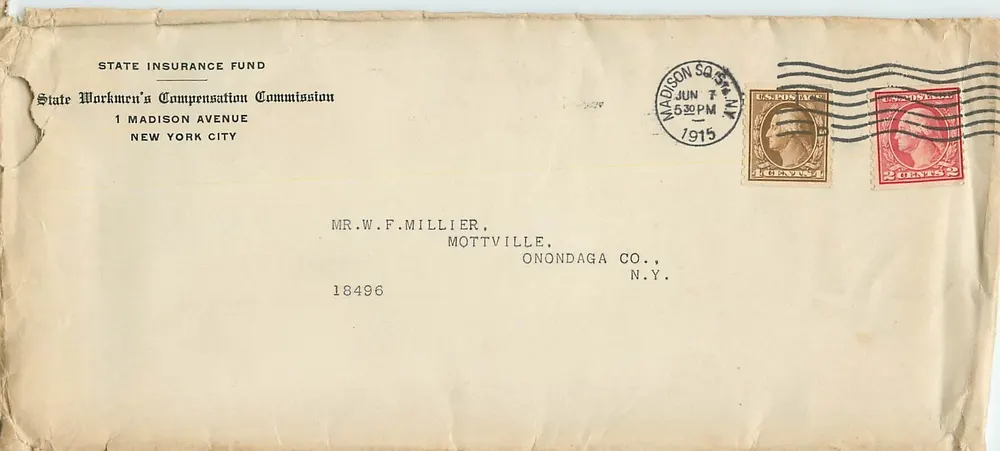 Umschlag der State Workmen's Compensation Commission — New York City — datiert Juni 1915 - Vorderseite