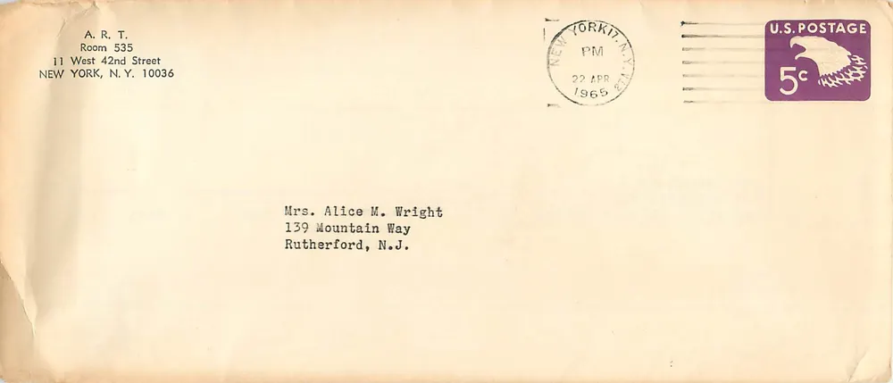 New York, N.Y. — Brief mit 5-Cent-Stempel und Poststempel vom 22. April 1965 — A.R.T. an Mrs. Alice M. Wright - Vorderseite