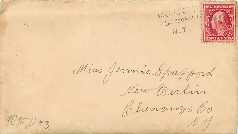 Ansichtskarte aus Middleport, N.Y. — 2-Cent-Stempel George Washington — an Miss Jennie Spafford in New Berlin, Chautauqua Co, N.Y. - Vorderseite