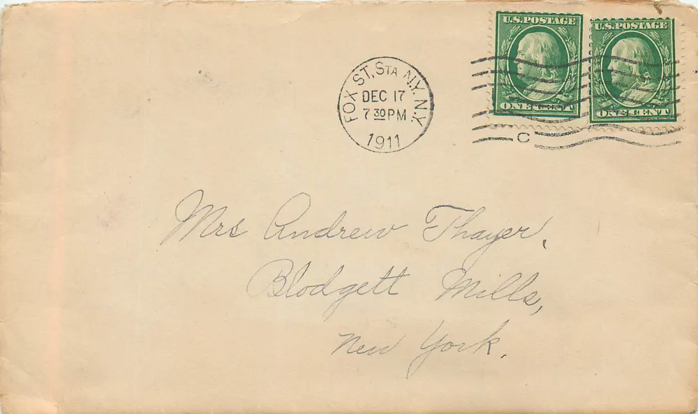 Blodgett Mills, New York — Karte gesendet von Fox Street Station, New York — Stempel und Briefmarken - Vorderseite