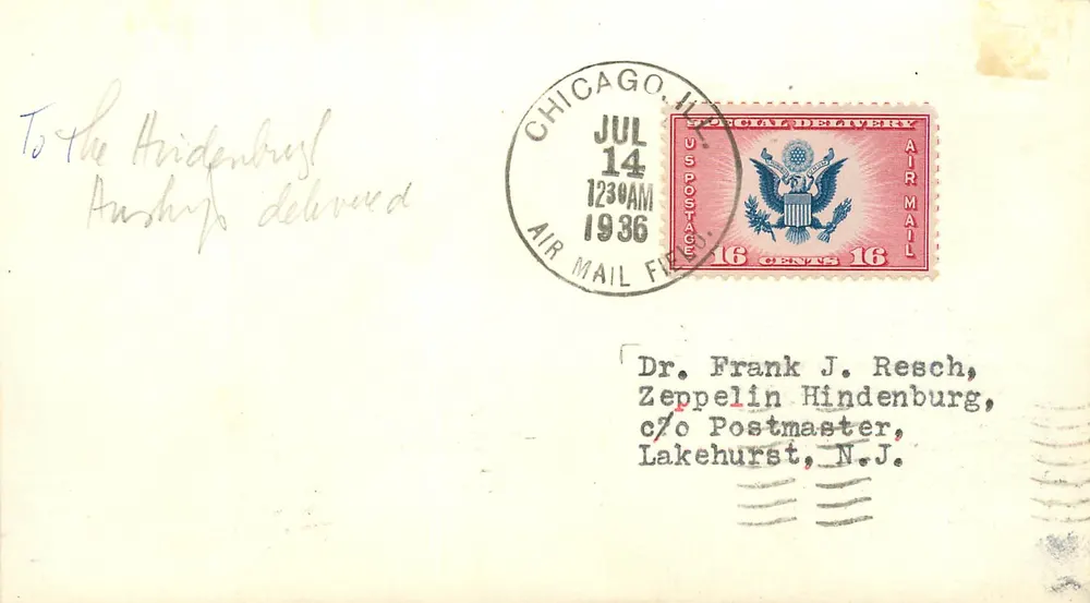 Chicago, Illinois — Luftpostlieferung an Zeppelin Hindenburg, Lakehurst, N.J. — U.S. Post Office - Vorderseite
