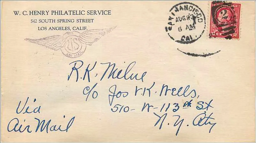 Luftpostkarte — W.C. Henry Philatelic Service, Los Angeles — Bestimmt für R.K. Thelue, New York - Vorderseite