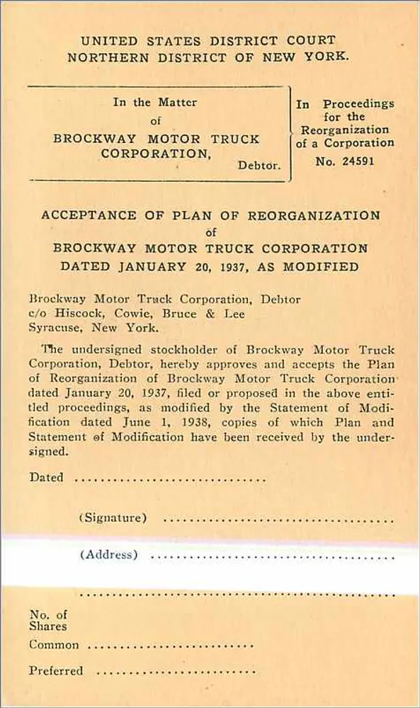 Brockway Motor Truck Corporation — Restrukturierung — Brockway Motor Truck Corporation, Syracuse, New York - Rückseite