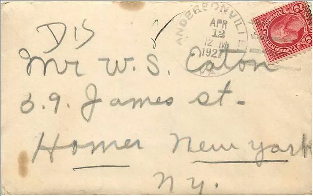 Ansichtskarte aus Andersonville — 3-Cent-Stempel und Poststempel vom 12. April 1921 - Vorderseite