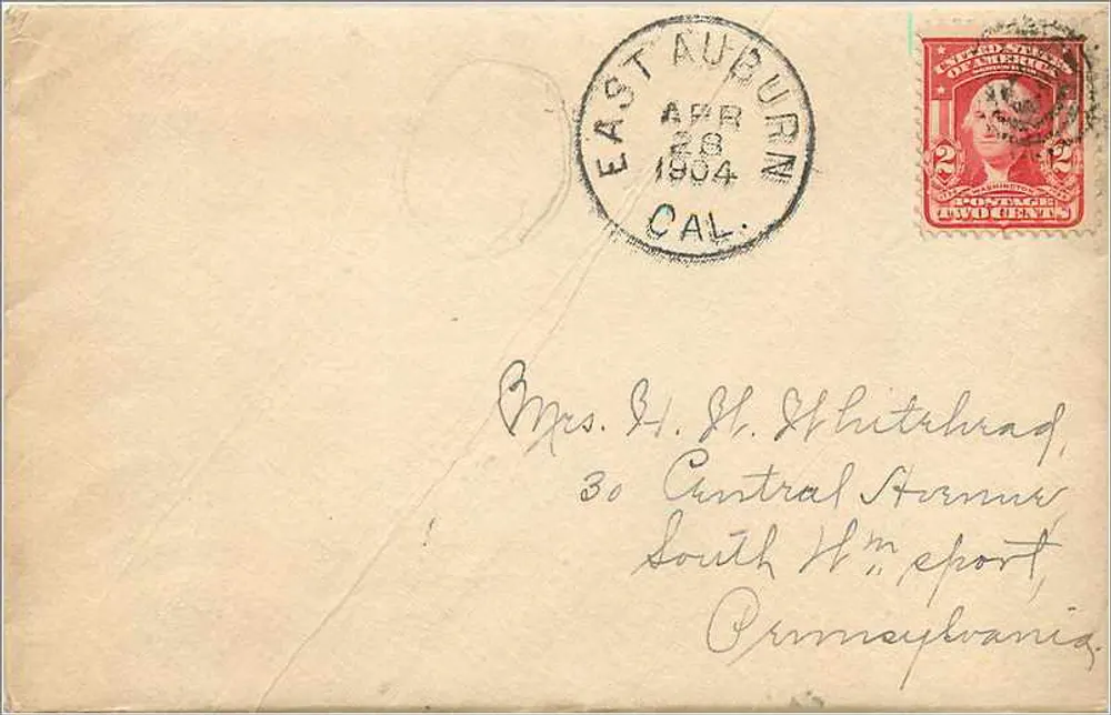 Ansichtskarte von East Auburn, Kalifornien — Richtung Williamsport, Pennsylvania — datiert April 1904 - Vorderseite