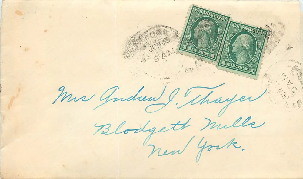 Ansichtskarte an Mrs. Indra J. Thayer in Blodgett Mills, New York — 2-Cent-Washington-Stempel, New York, 1936 - Vorderseite