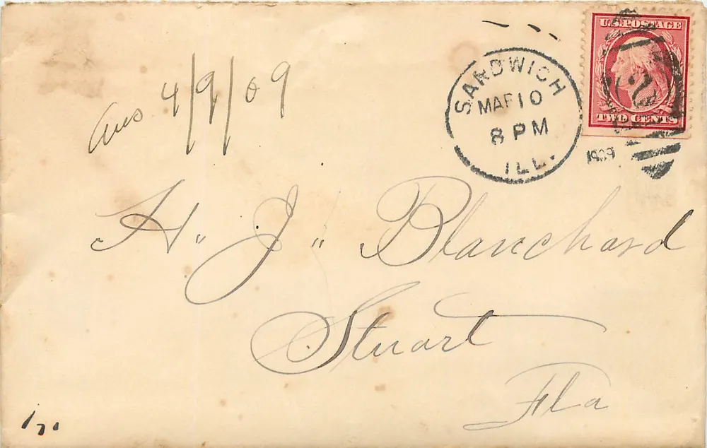 Sardwich, Illinois — datierte Karte 4/9/09 — 2-Cent-Stempel und Poststempel - Vorderseite