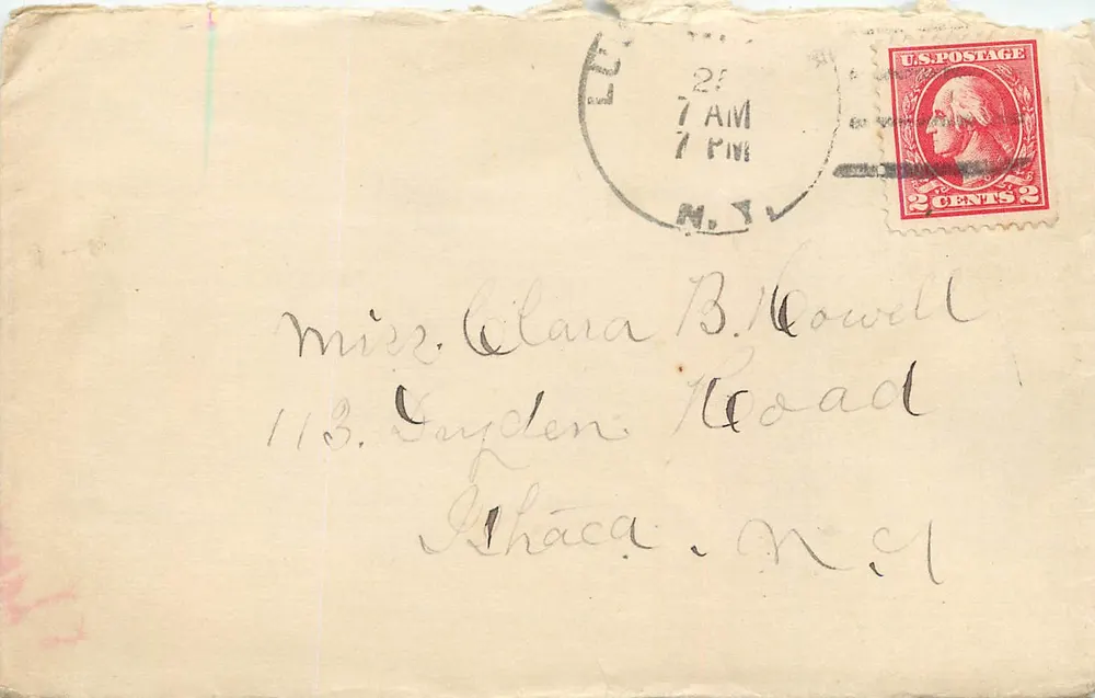 Ansichtskarte an Miss Clara B. Cowell in Shaca, N.Y. — 2 Cent Washington-Stempel — N.Y. Poststempel 7 Uhr morgens / 7 Uhr abends - Vorderseite