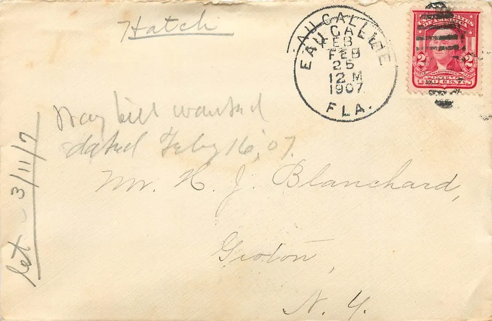 Eau Gallie, Florida — Brief an Herrn R. J. Blanchard in Chotton, N.Y. — 2-Cent-Washington-Stempel, Poststempel 1907 - Vorderseite