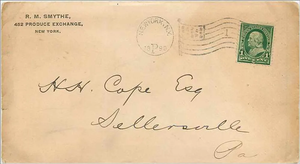 New York — Brief an Cape Eg, Sellersville, Pa — R.M. Smythe, 452 Produce Exchange, New York - Vorderseite