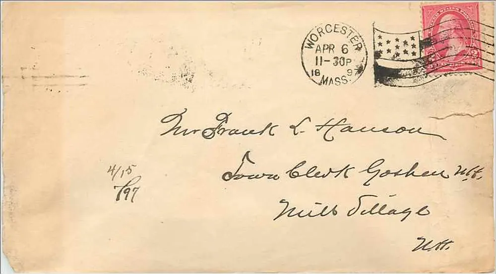 Worcester — 6. April 1897 — 2-Cent-Randbriefmarken, Worcester-Poststempel - Vorderseite