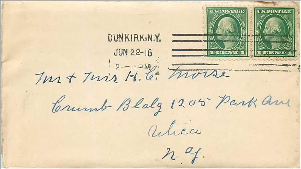 Dunkirk, N.Y. — Brief vom 22. Juni 1916 — Zwei dunkelgrüne 1-Cent-Stempel - Vorderseite