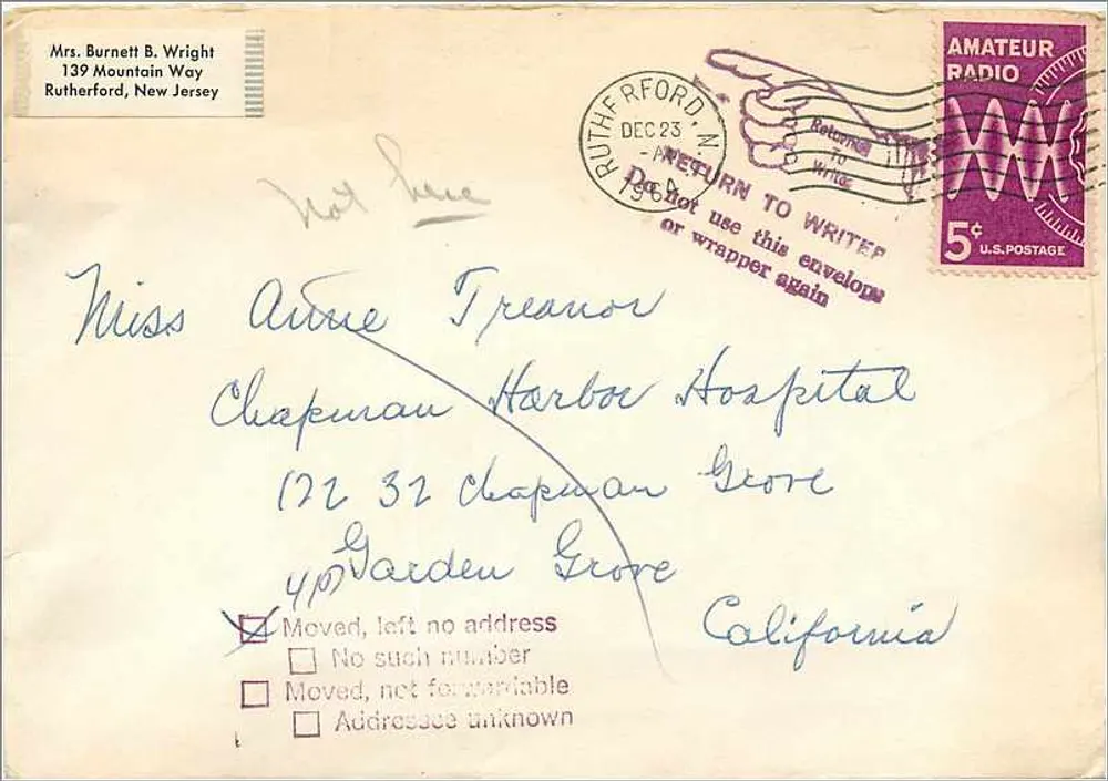 Ansichtskarte aus Rutherford, New Jersey — Miss Adine Treanor, Chapman Harbor Hospital, Garden Grove, Kalifornien — Verlag American Bible Society - Vorderseite
