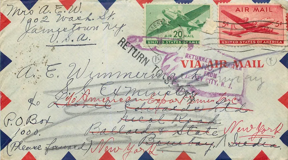 Jamestown, New York — Rückgekommene Luftpostbrief — Vereinigte Staaten von Amerika - Vorderseite