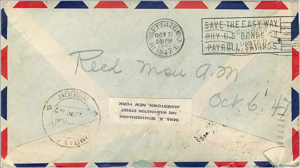 Jamestown, New York — Rückgekommene Luftpostbrief — Vereinigte Staaten von Amerika - Rückseite