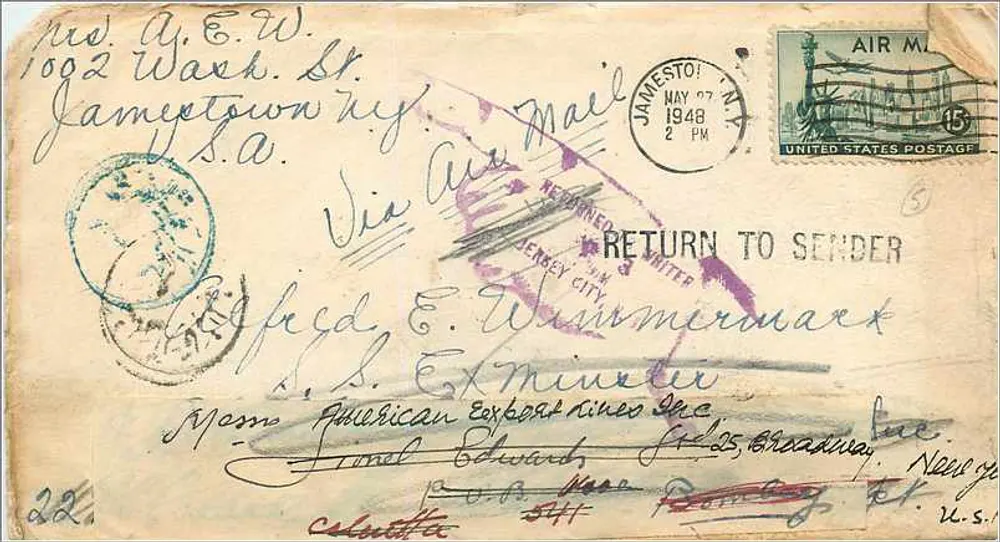 Luftpostkarte — an den Absender zurück — New York, 1948 - Vorderseite