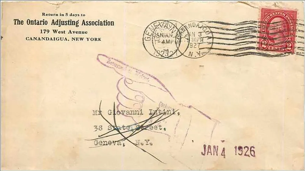 Ansichtskarte mit amerikanischem Stempel — Canandaigua, New York — 4. Januar 1926 - Vorderseite