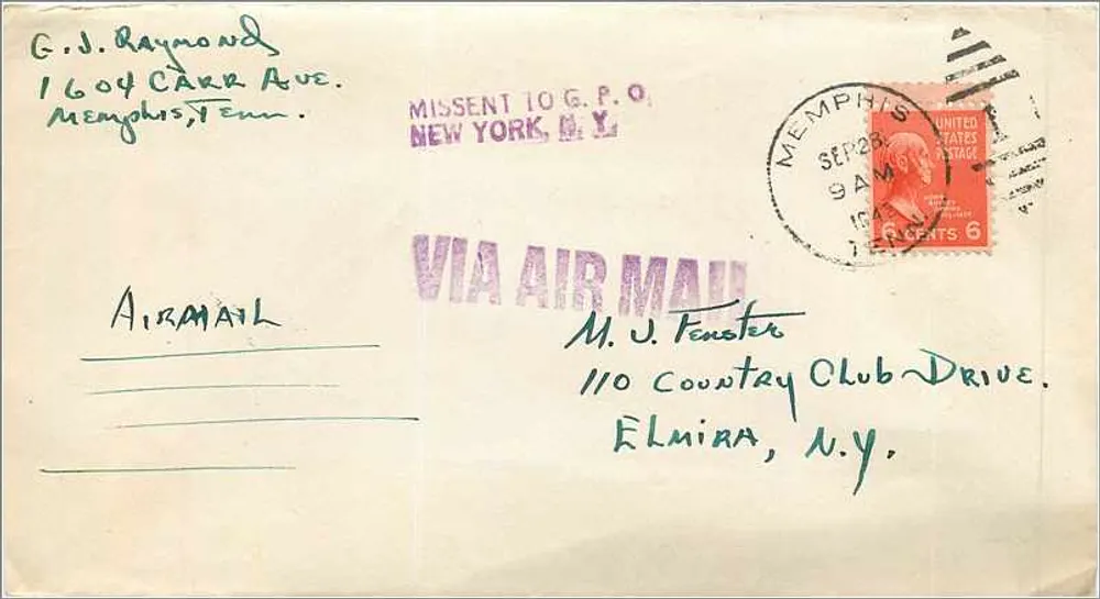 Luftpostkarte an Memphis — Empfänger in Elmira, N.Y. — 6-Cent-Stempel und Poststempel 'MISSSENT TO G.P.O.' - Vorderseite