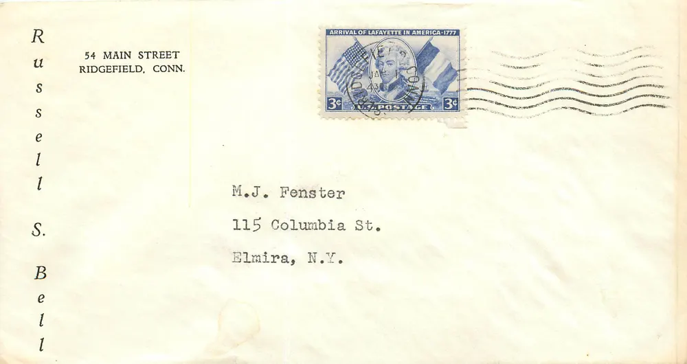 Ankunft von Lafayette in Amerika - 1777 — 3c blauer Stempel, Poststempel Ridgefield, Conn. - Vorderseite