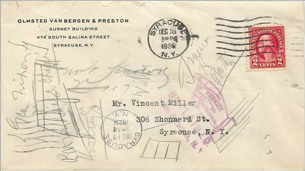 Tarjeta postal de Siracusa — Olmsted Van Bergen & Preston — destinada a Mr. Vincent Miller — sello 2 centavos 1925 - Anverso