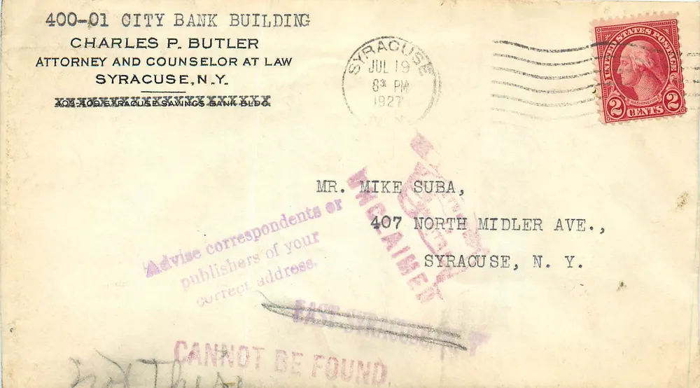 Syracuse, N.Y. — Brief an Herrn Mike Suba — Verleger: East Syracuse Savings Bank Building - Vorderseite
