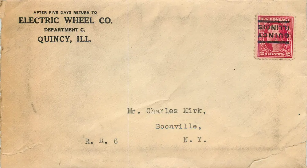 Rückkarte der Electric Wheel Co. — Quincy, Illinois — Verleger nicht sichtbar - Vorderseite