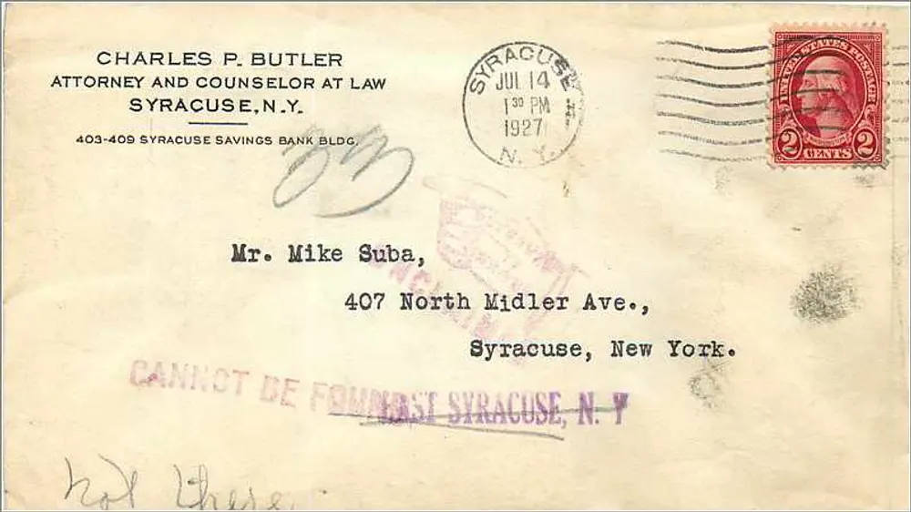 Syracuse, N.Y. — Brief an Herrn Mike Suba — Charles P. Butler, Anwalt - Vorderseite
