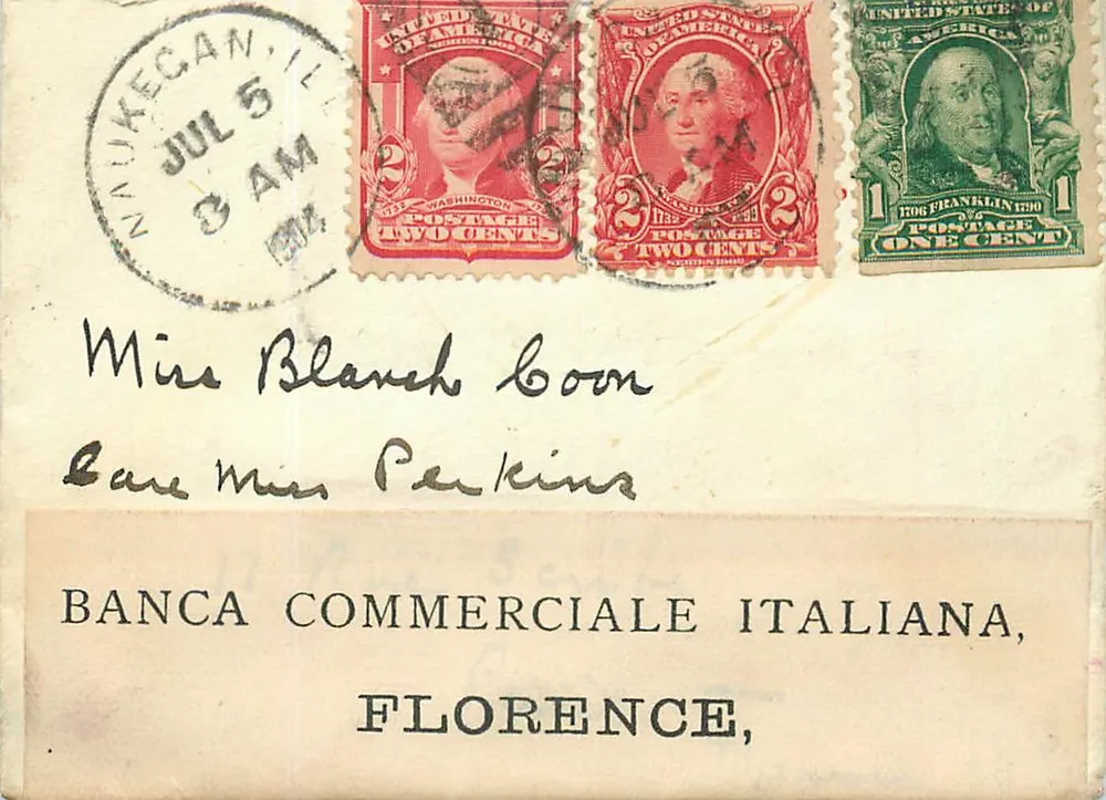 Naukecan, Illinois — Versand nach Florenz — US-Stempel und Poststempel - Vorderseite