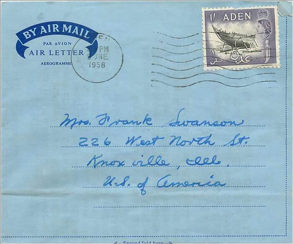 Carta aérea Aden — Etiópia — Estados Unidos — 1958 - Frente
