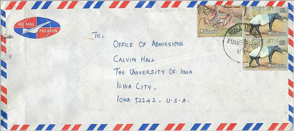 Luftbrief an die Universität Iowa — Malaysia, 1983 - Vorderseite