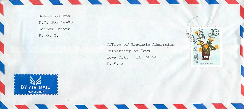 Luftpostbrief — Taipei, Taiwan — Office of Graduate Admission, University of Iowa - Vorderseite