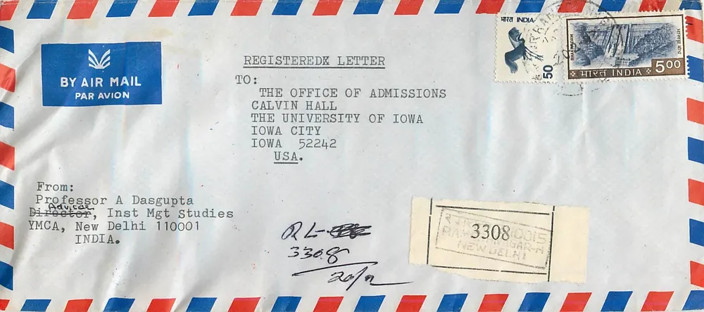 Luftpostbrief von New Delhi nach Iowa City — YMCA, New Delhi — University of Iowa - Vorderseite