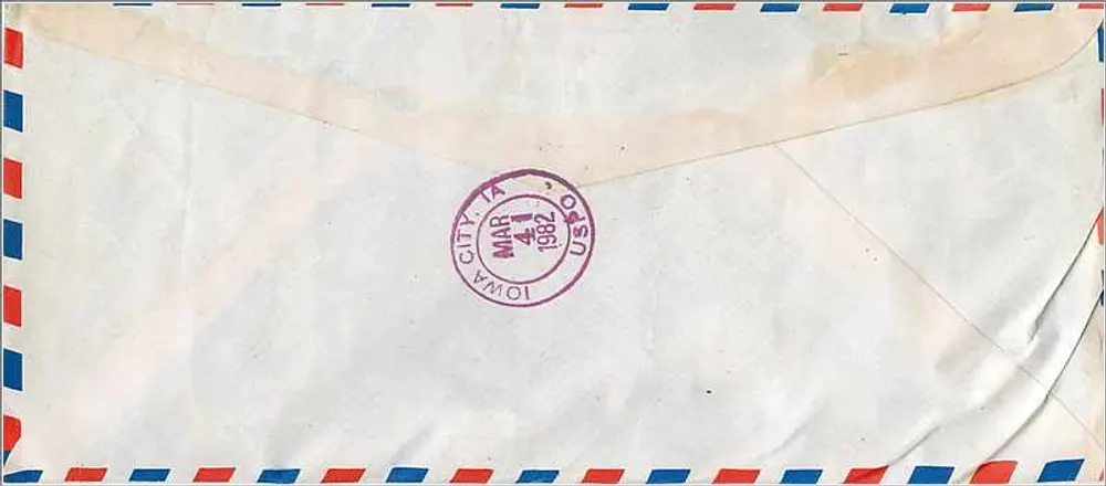 Luftpostbrief von New Delhi nach Iowa City — YMCA, New Delhi — University of Iowa - Rückseite
