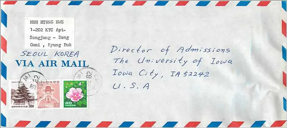Luftpostbrief von Seoul nach Iowa City — koreanische Stempel und Postmarke - Vorderseite