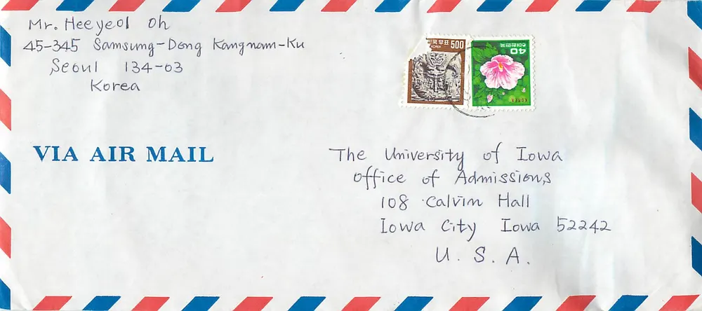 Luftpostbrief an die University of Iowa — Südkorea - Vorderseite