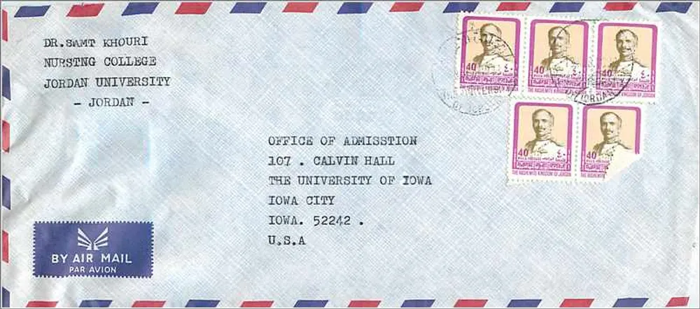 Luftpostbrief von Jordan nach Iowa City - Jordan University - Office of Admission - 1982 - Vorderseite