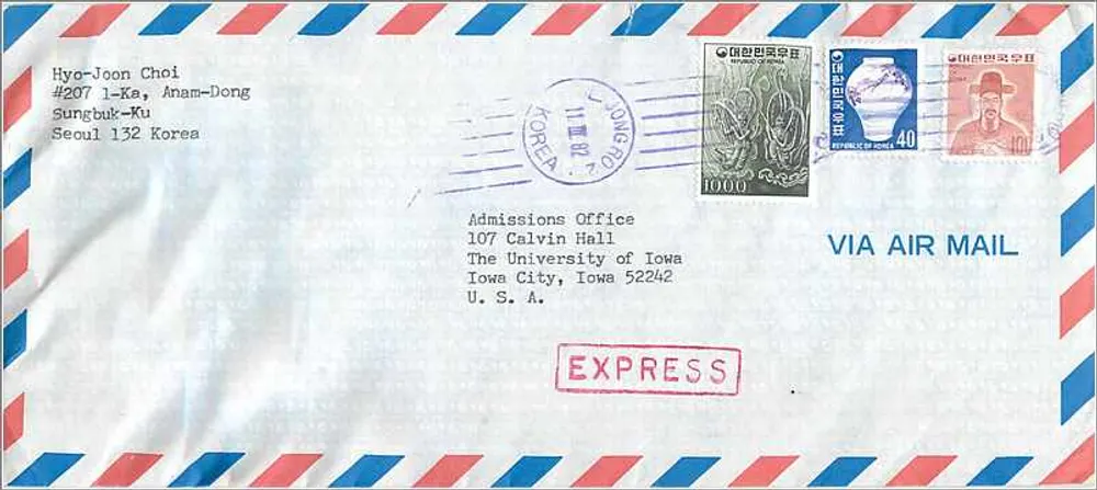 Express-Flugbrief von Seoul nach Iowa City — koreanische Briefmarken und Poststempel - Vorderseite