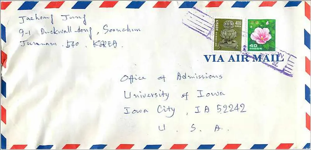 Luftpostkarte — Jachong Jung, Seoul, Korea — nach Iowa City, Vereinigte Staaten - Vorderseite